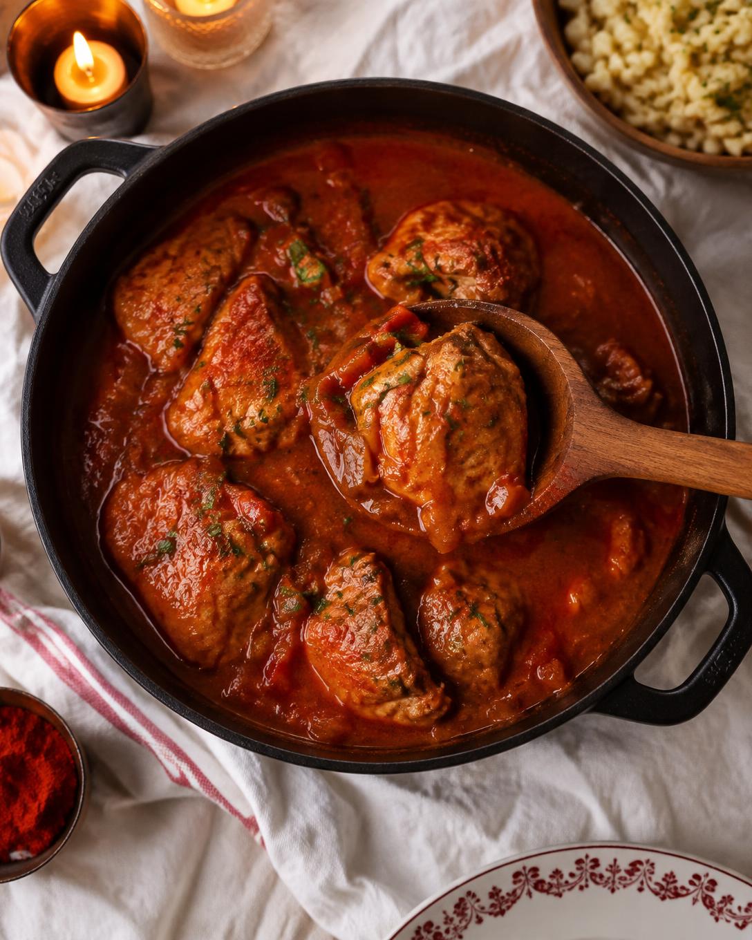 Paprika-red Hungarian stew in a cast-iron pot with a wooden ladle